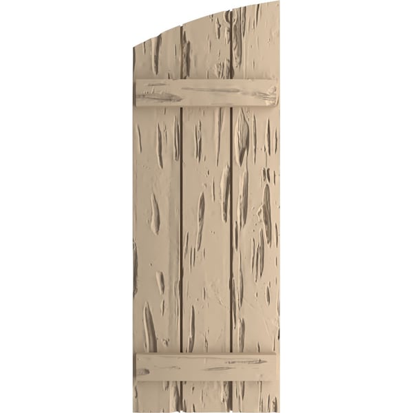 Pecky Cypress 3 Board Joined Board-n-Batten W/Elliptical Top Faux Wood Shutters, 16 1/2W X 90H